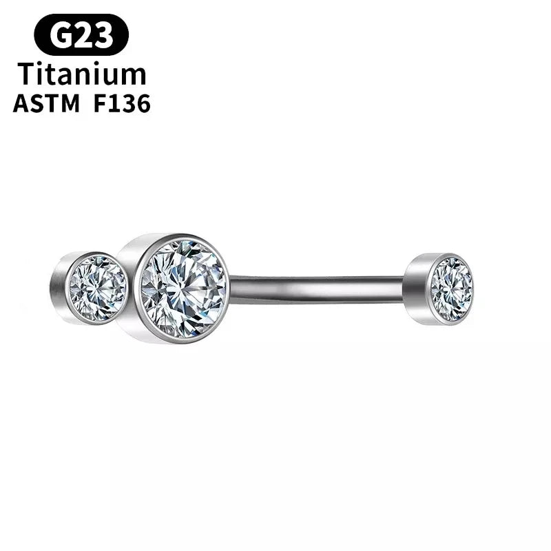 G23 titanium curved barbell with three bezel-set clear crystals, body jewelry