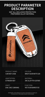 Zinc Alloy Leather Car Key Case – Protective Remote Cover for Citroen Models
