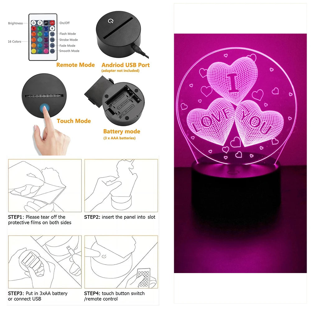 3D Heart LED Night Light – Romantic Illusion Lamp for Valentine's Day Gifts