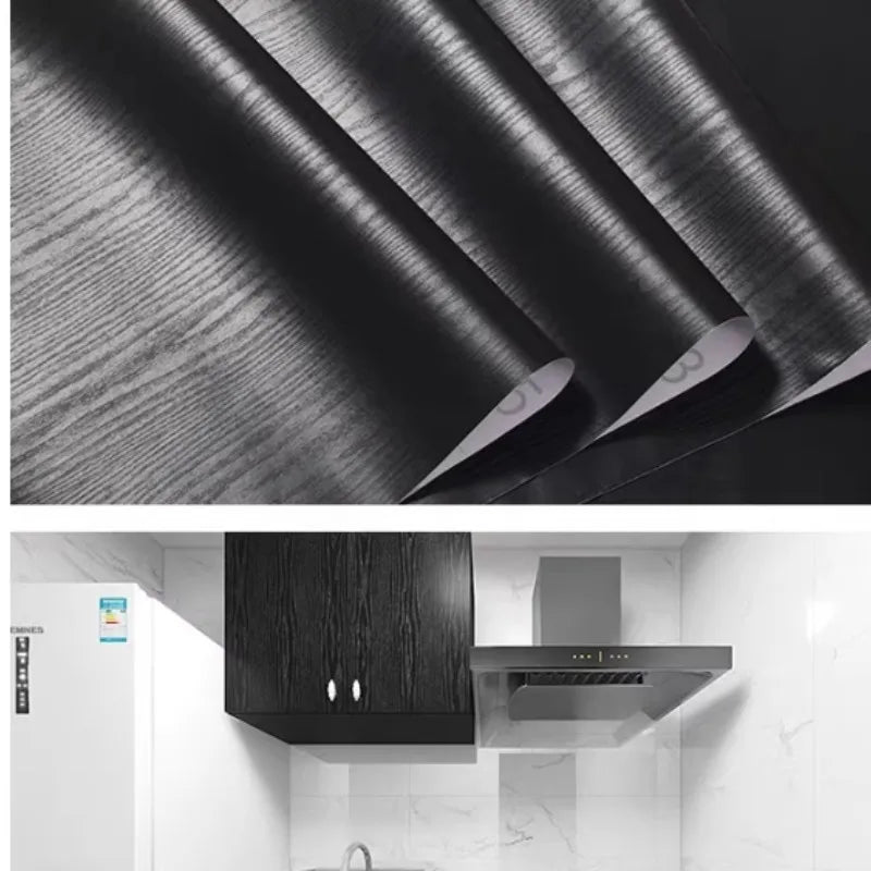 Black Wood Grain PVC Wallpaper – Self-Adhesive Film for Kitchen Cabinets