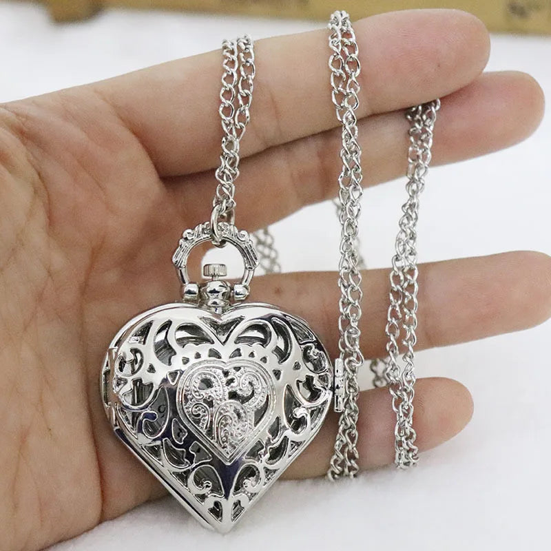 Silver Heart Pocket Watch Necklace – Exquisite Quartz Pendant for Women