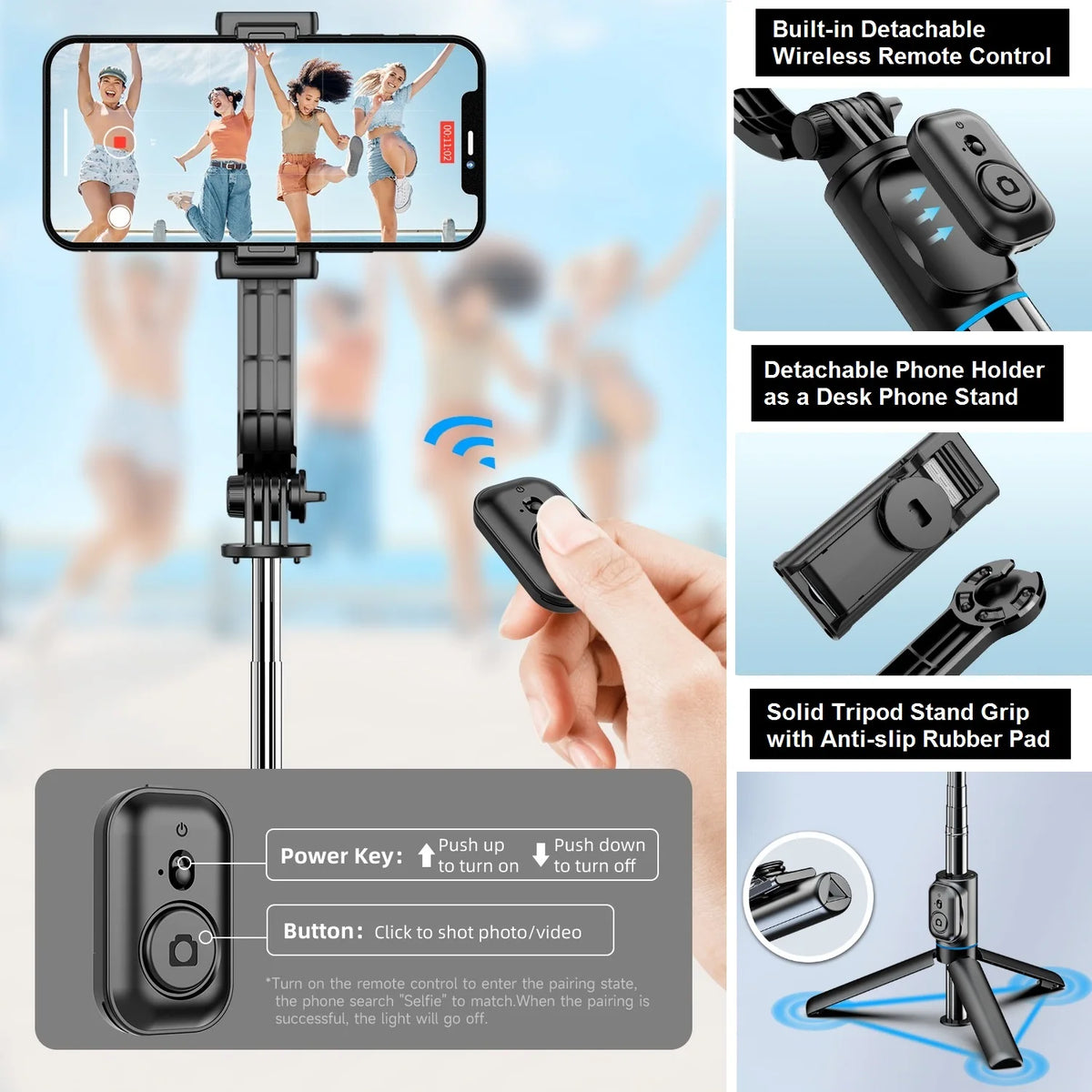 42-Inch Selfie Stick Tripod – Extendable Bluetooth Mount for Travel Vlogging