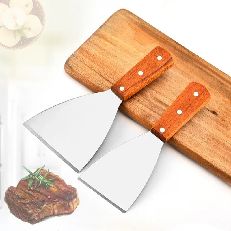 Stainless Steel Oblique Spatula – Wooden Handle for Grilling and Cooking