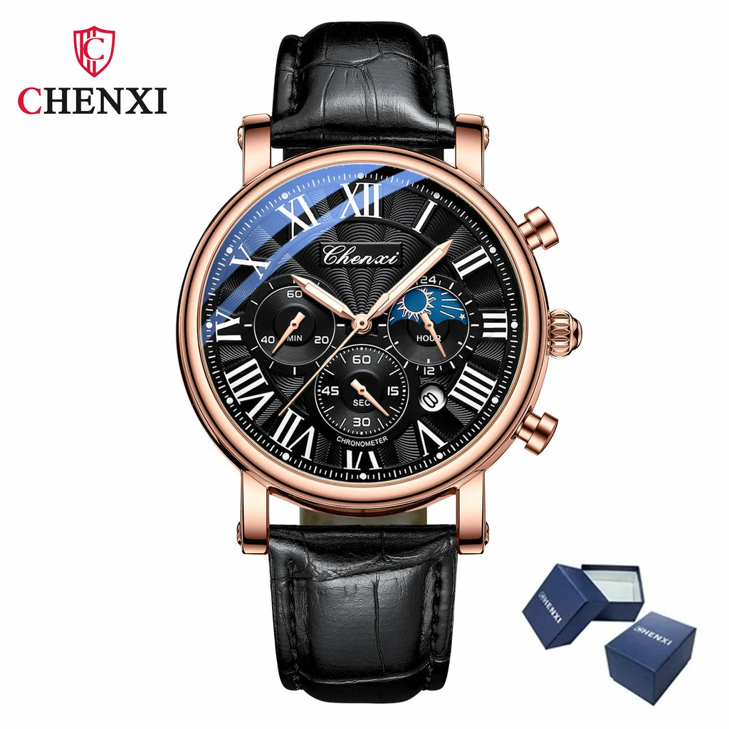 Leather Quartz Chronograph Watch – Men's Moon Phase Business Wristwatch