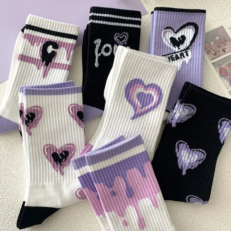 Cotton Heart Print Crew Socks – Kawaii Korean Style for Women