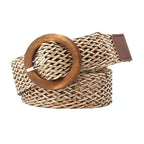 Braided Straw Waist Belt – Boho Wooden Buckle Accessory for Women