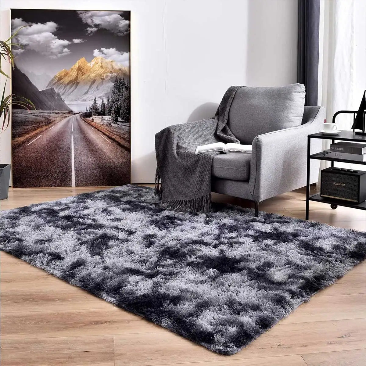 Plush Gray Area Rug – Fluffy Anti-Slip Velvet Carpet for Living Room Decor