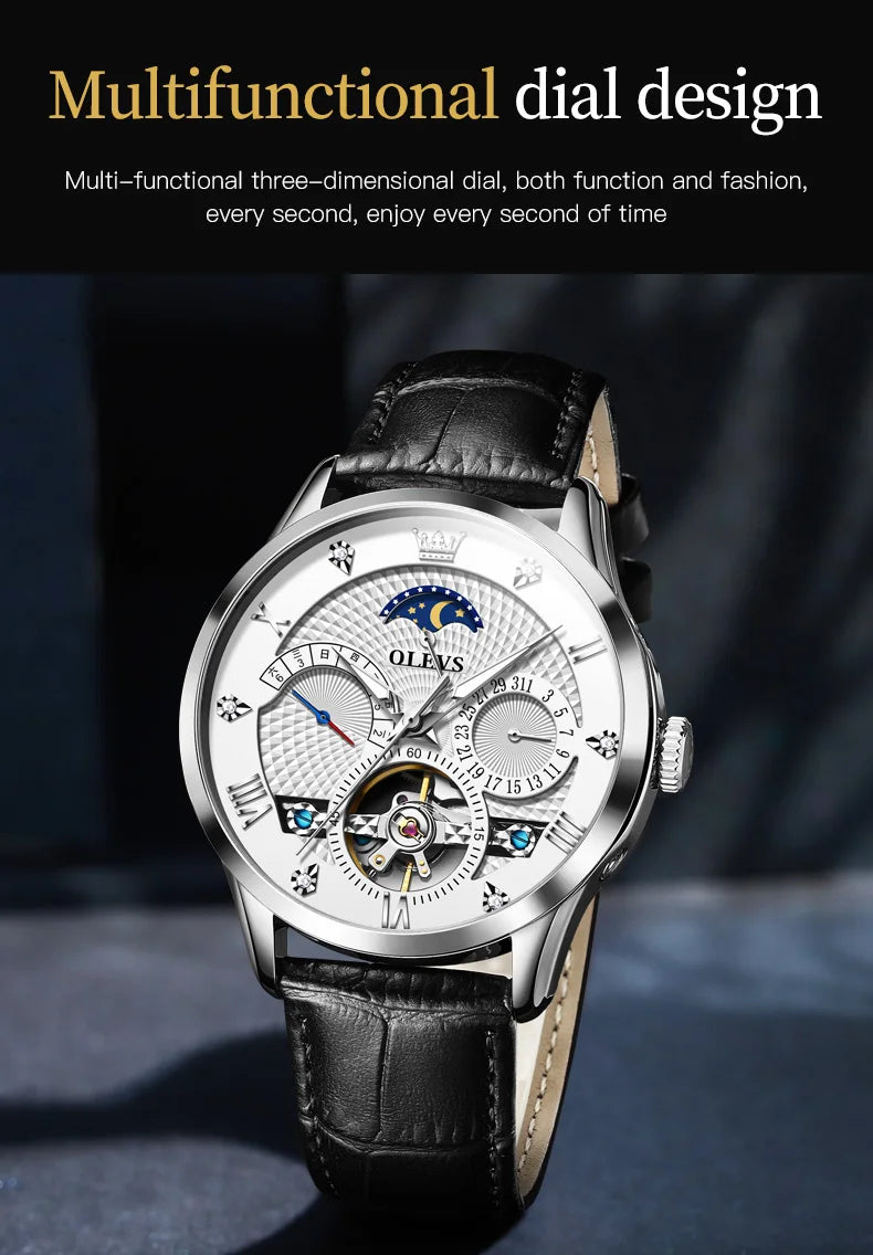 OLEVS Automatic Mechanical Watch – Leather Strap Flywheel for Business Casual