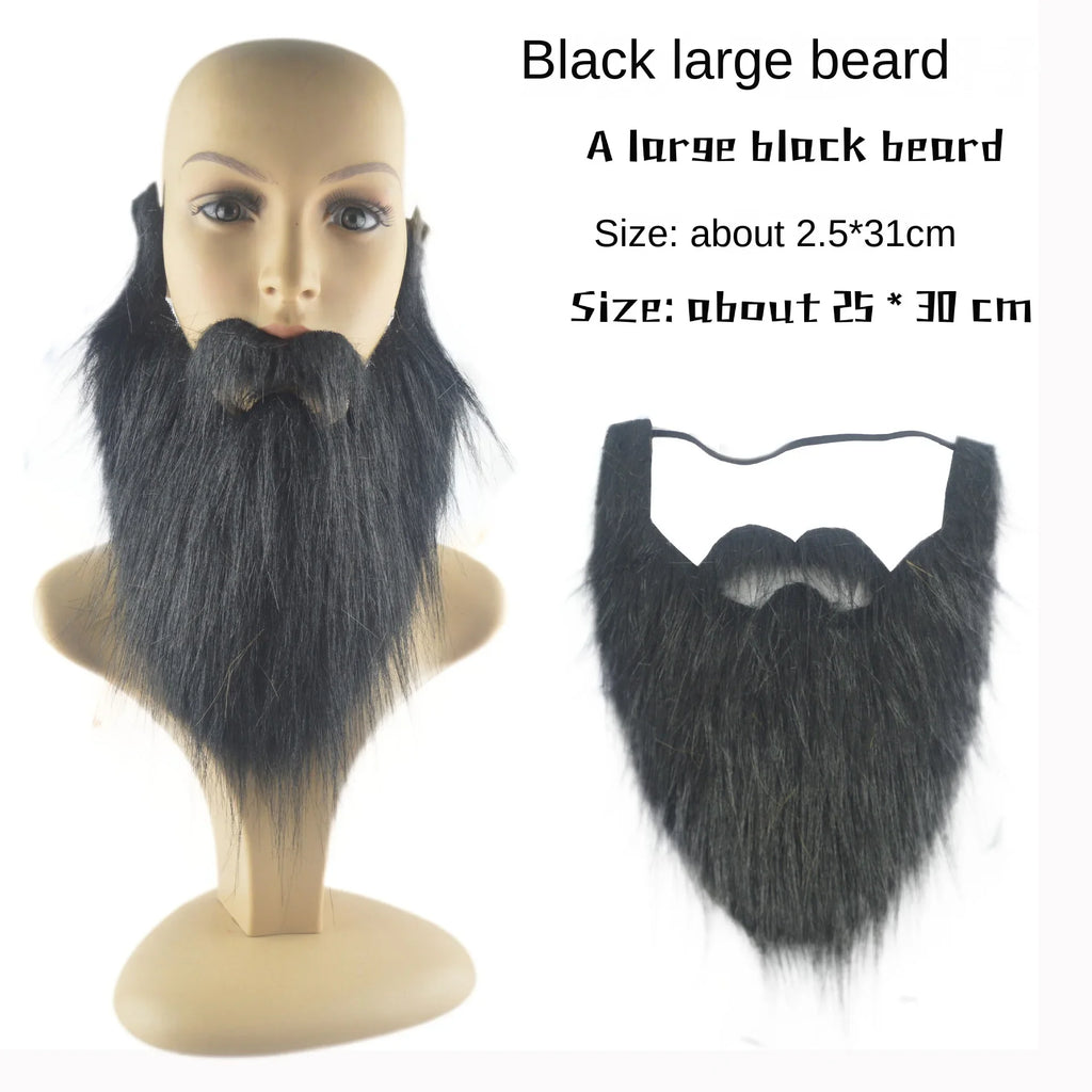 Large fake black beard on mannequin head and standalone, costume accessory for adults