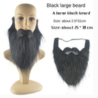 Large fake black beard on mannequin head and standalone, costume accessory for adults