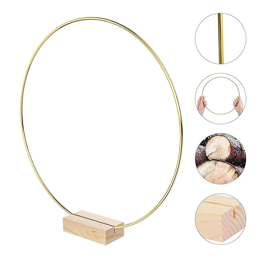 Metal Floral Hoop Centerpiece – Gold Macrame Ring with Wood Stand for Wedding