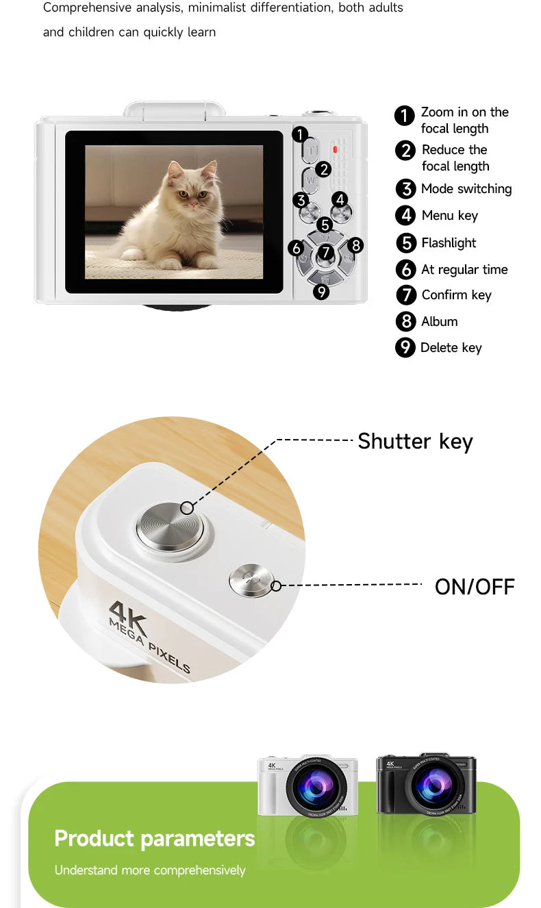 4K 64MP Compact Digital Camera – 18X Zoom for Travel Vlogging and Photography