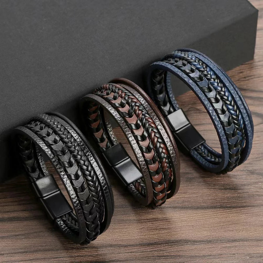 Multi-layered Leather Braided Bracelet – Vintage Magnetic Alloy for Men