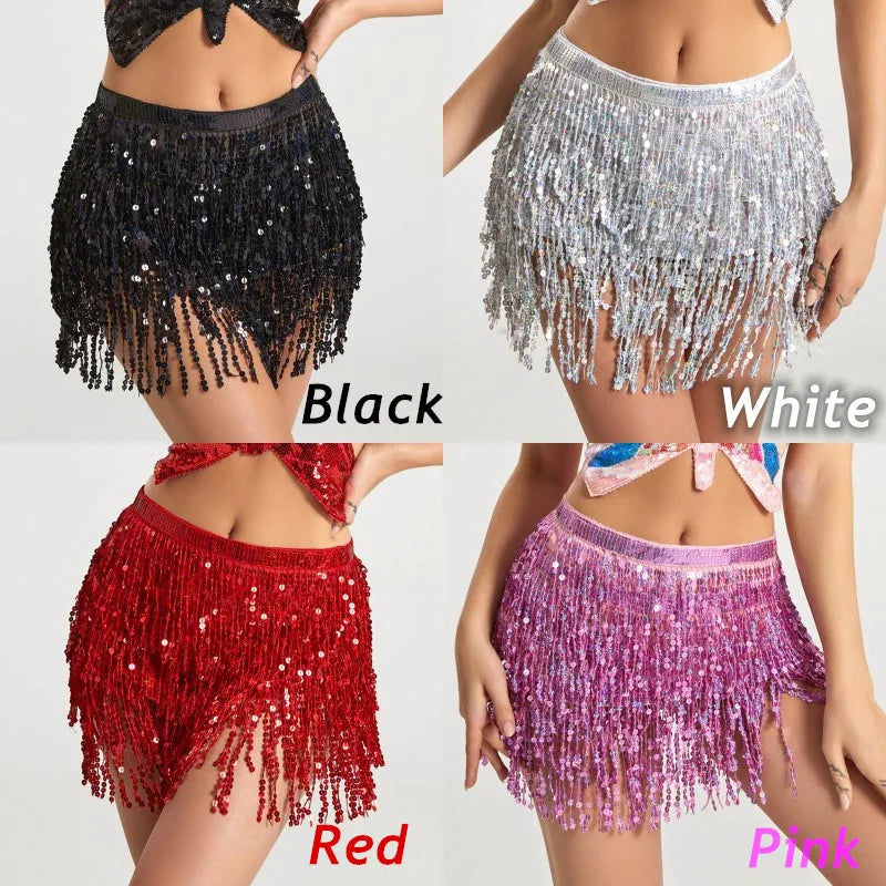 Sequin fringe mini skirts in black, white, red, and pink, displayed on models
