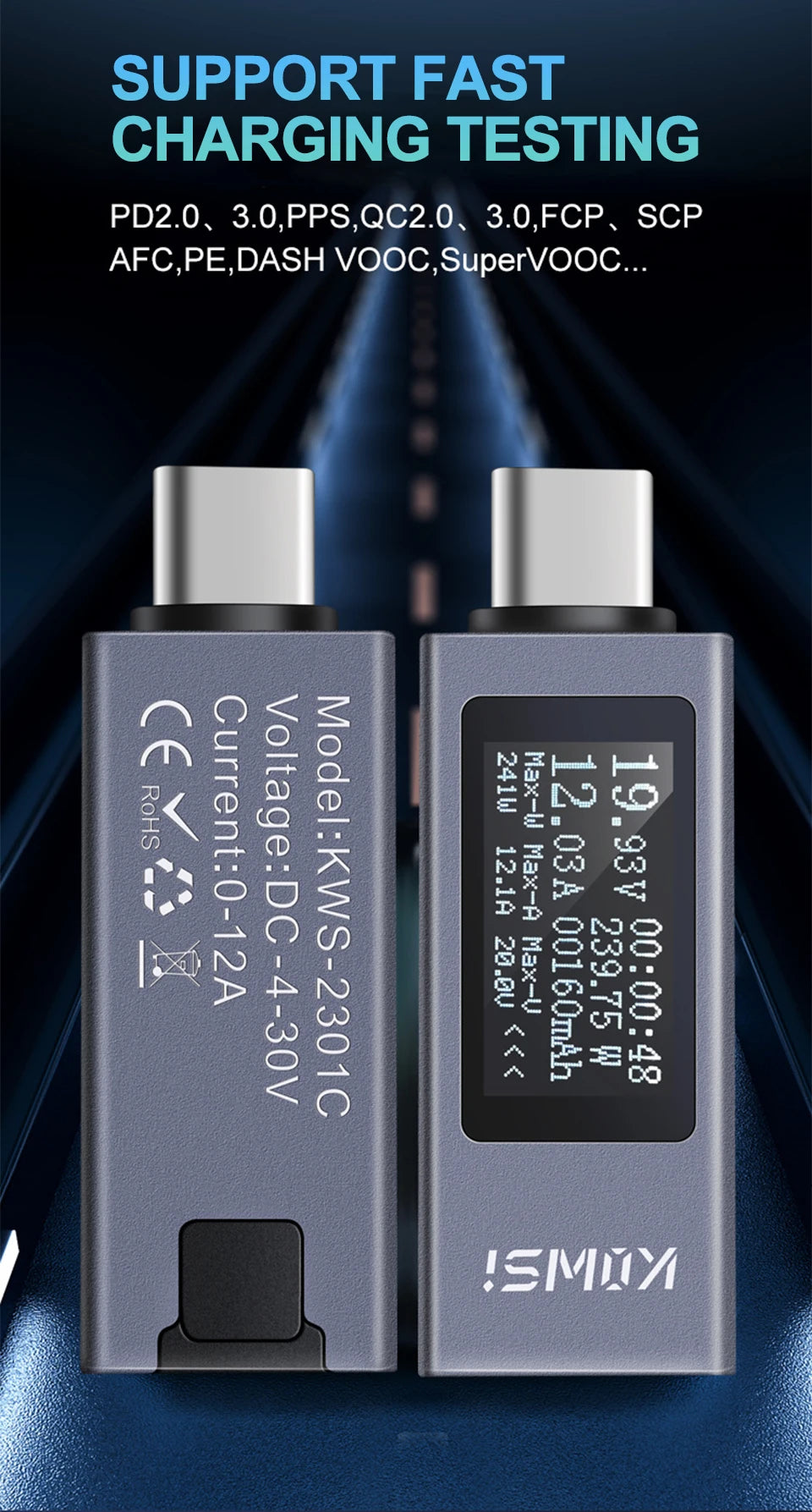 Digital USB-C Power Tester – Voltage and Current Monitor for Battery Testing
