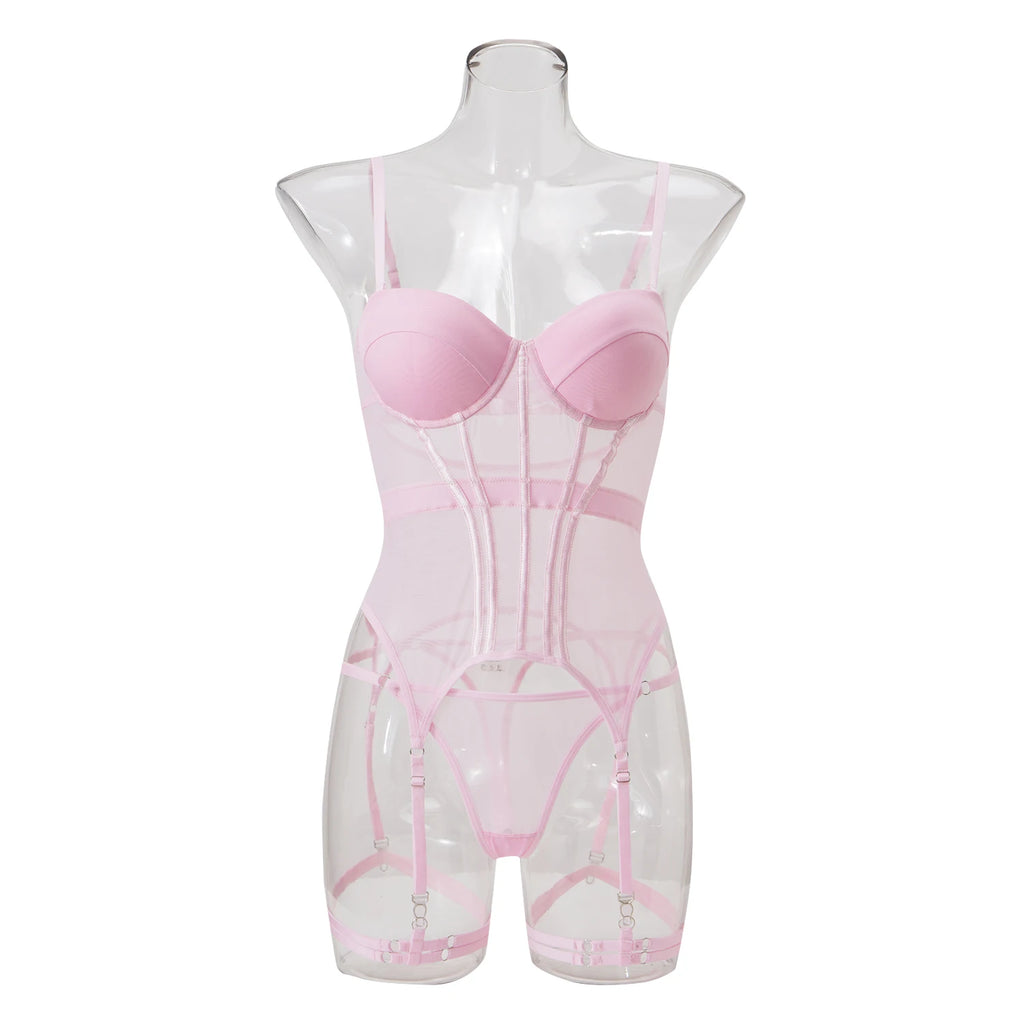 Mesh Lingerie Bodysuit Set – Backless Lace 3 Piece Lingerie for Women