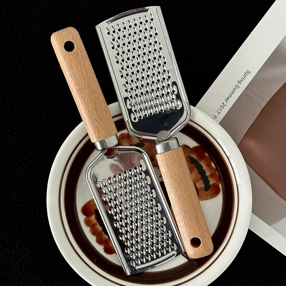 Stainless Steel Cheese Grater – Wooden Handle Tool for Kitchen Baking