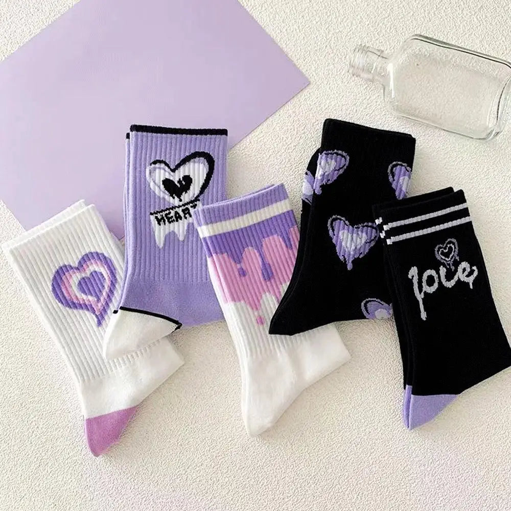 Cotton Heart Print Crew Socks – Kawaii Korean Style for Women