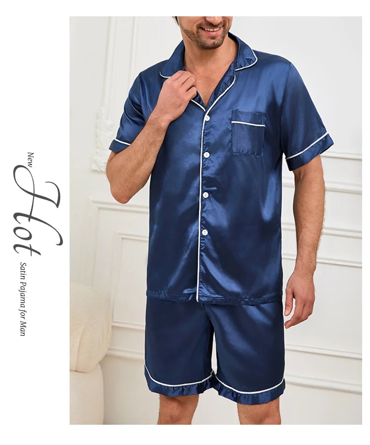 Satin Pajama Set – Short Sleeve Button-Down Sleepwear for Men
