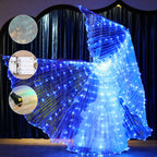 LED light up dance wings with blue lights on translucent material, battery pack and switch detail.