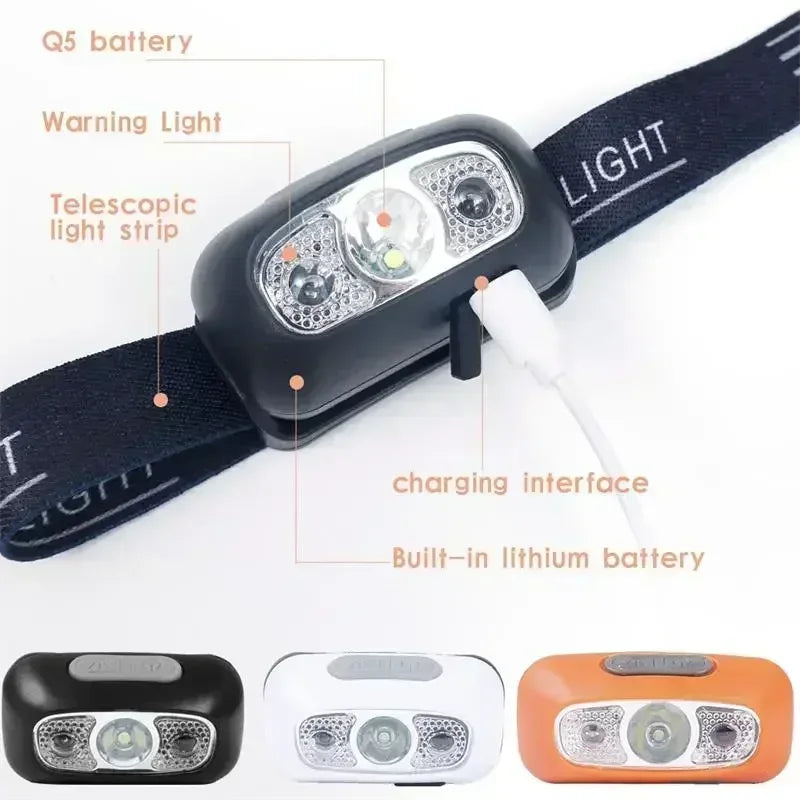USB Rechargeable LED Headlamp – Motion Sensor Flashlight for Outdoor Camping