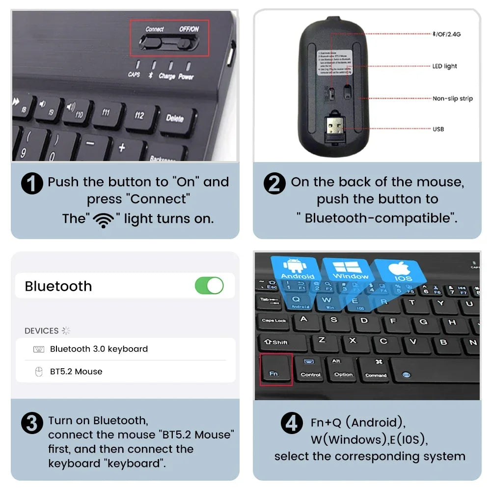 Wireless Bluetooth Keyboard and Mouse Set for iPad and Android Tablets