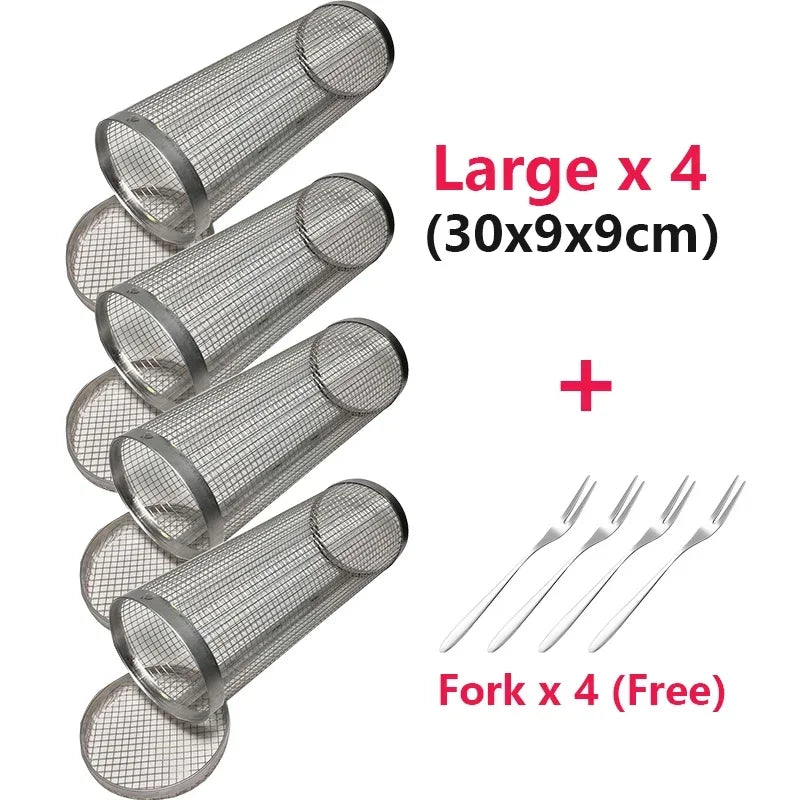 Stainless Steel Rolling Grill Basket – Cylindrical Mesh Rack for BBQ Camping