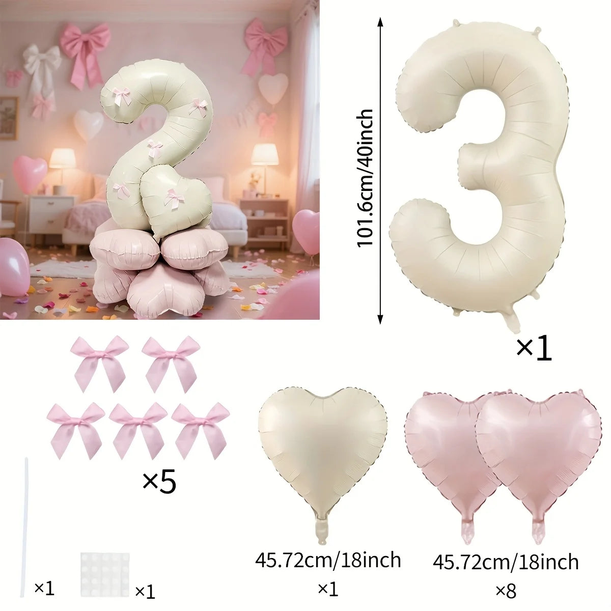 40-Inch Cream White Number Balloon Set – Heart Foil Decor for Kids Birthday