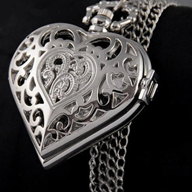 Silver Heart Pocket Watch Necklace – Exquisite Quartz Pendant for Women