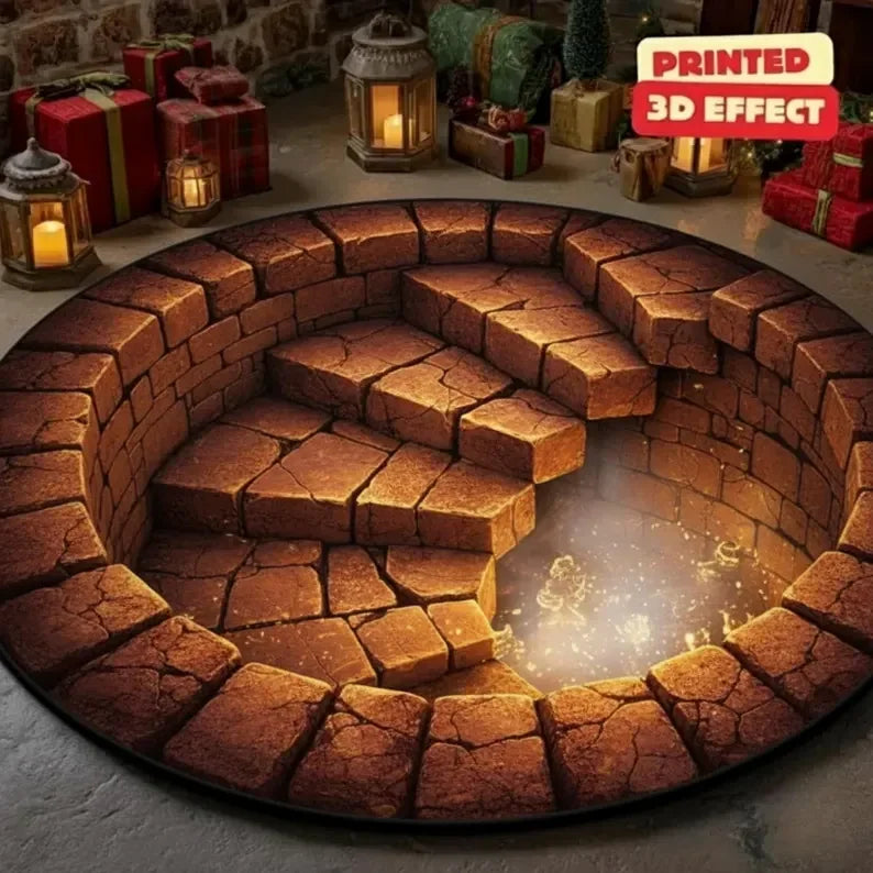 3D Illusion Rug – Golden Glow Pit Hole Carpet for Christmas Holiday Decor