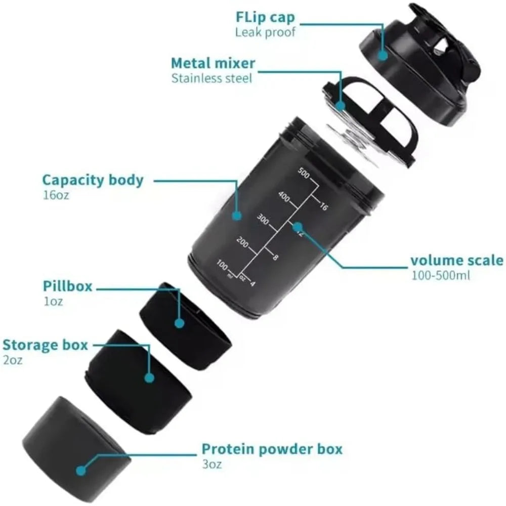 Portable Protein Shaker Bottle – 500ml Mixer Cup with Storage for Gym Fitness