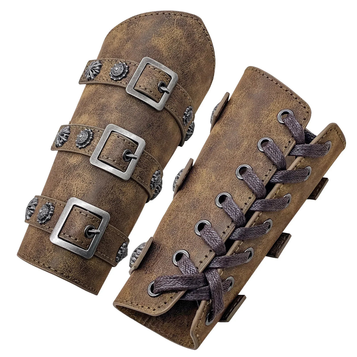 Brown faux leather bracers with metal buckles, decorative studs, and lace-up closure