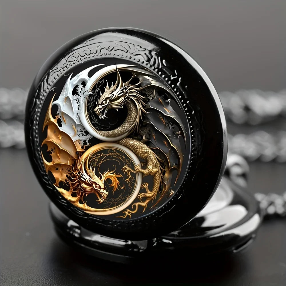 Vintage Dragon Pocket Watch – Quartz Necklace Pendant for Men and Kids