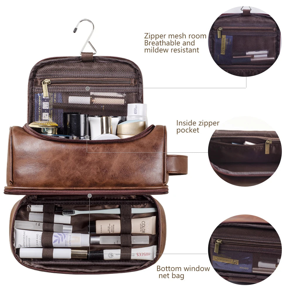 Large Hanging Leather Toiletry Bag – Cosmetic Organizer for Travel