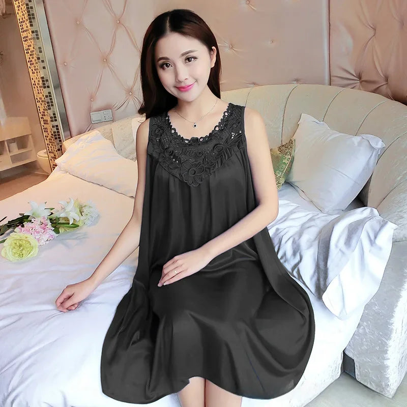 Ice Silk Sleep Dress – Plus Size Women's Tank Nightgown for Summer Housewear