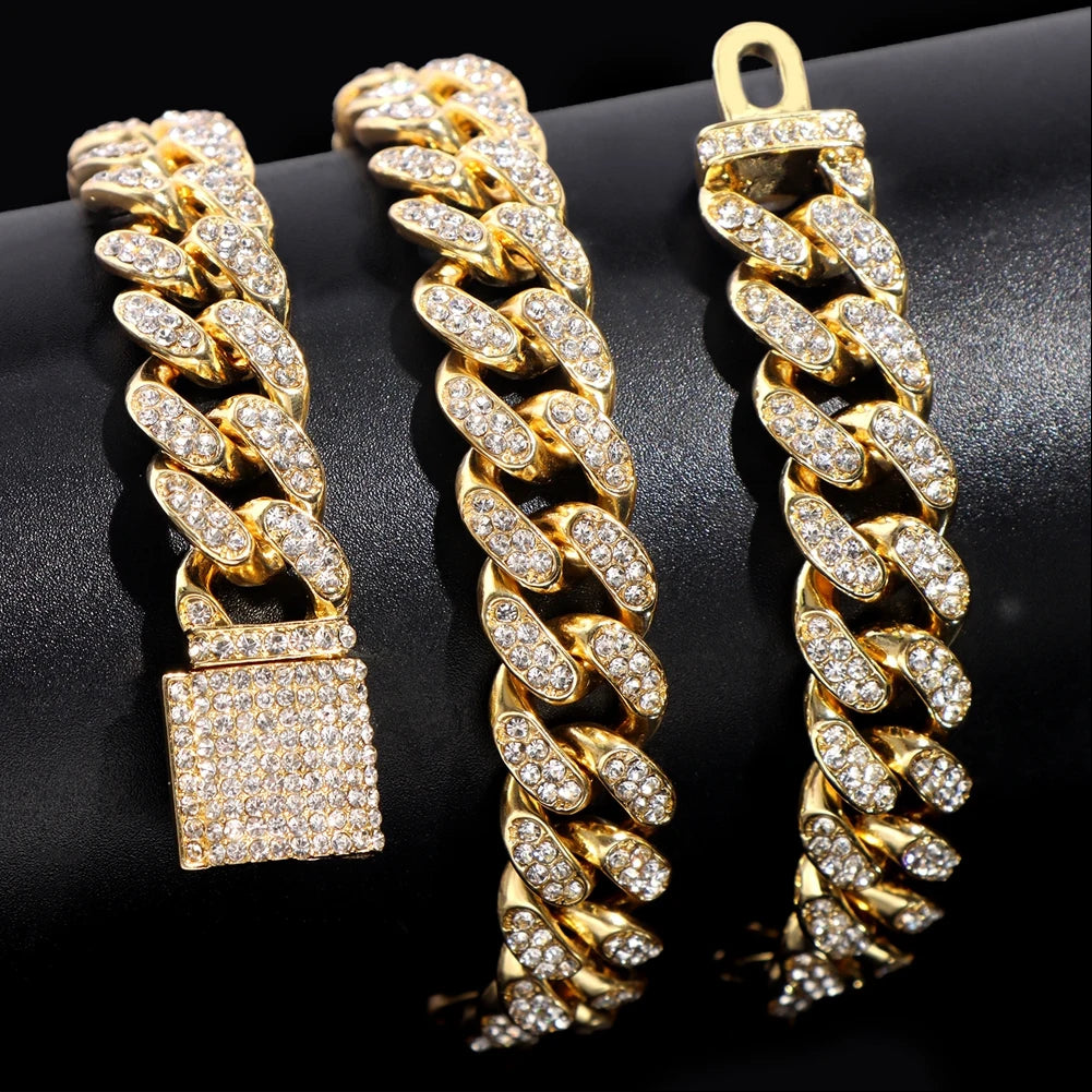 Iced Out Cuban Link Chain – AAA Rhinestone Men's Necklace for Hip Hop Jewelry