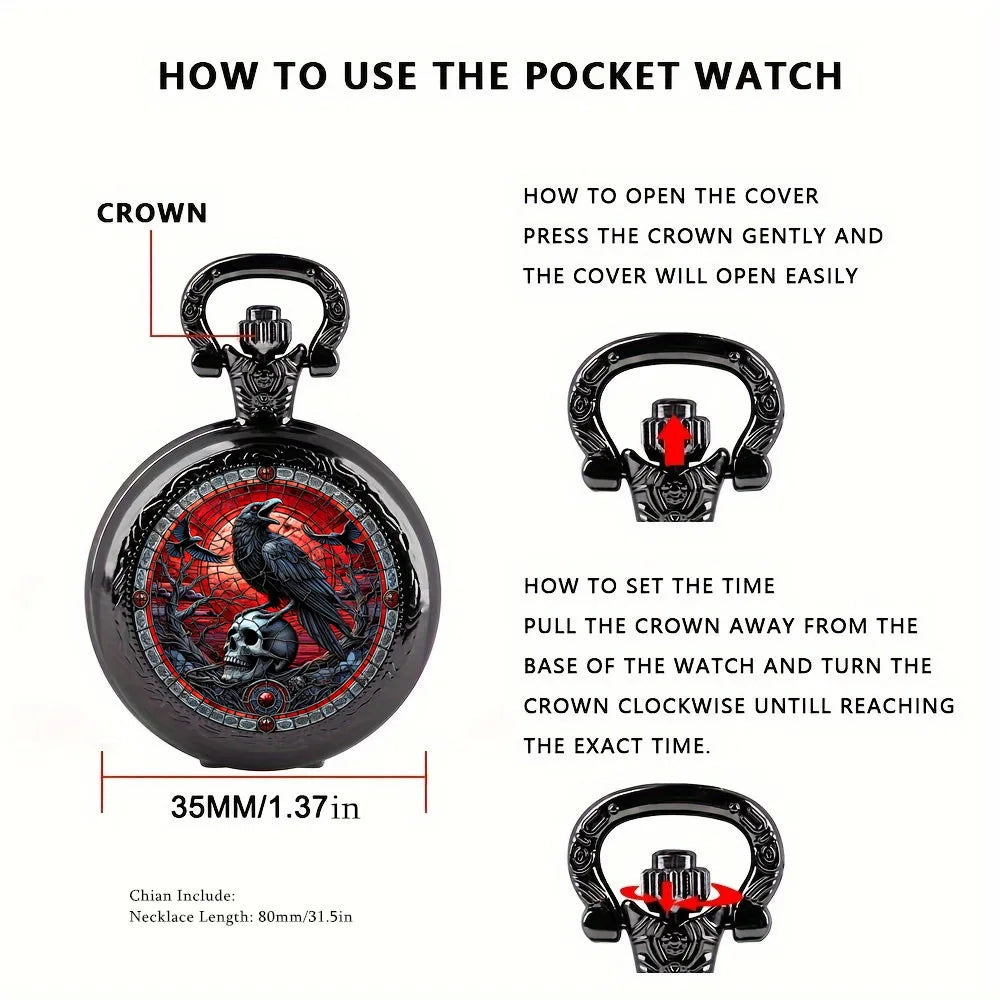 Vintage Crow Skull Pocket Watch – Gothic Necklace for Cosplay Gift