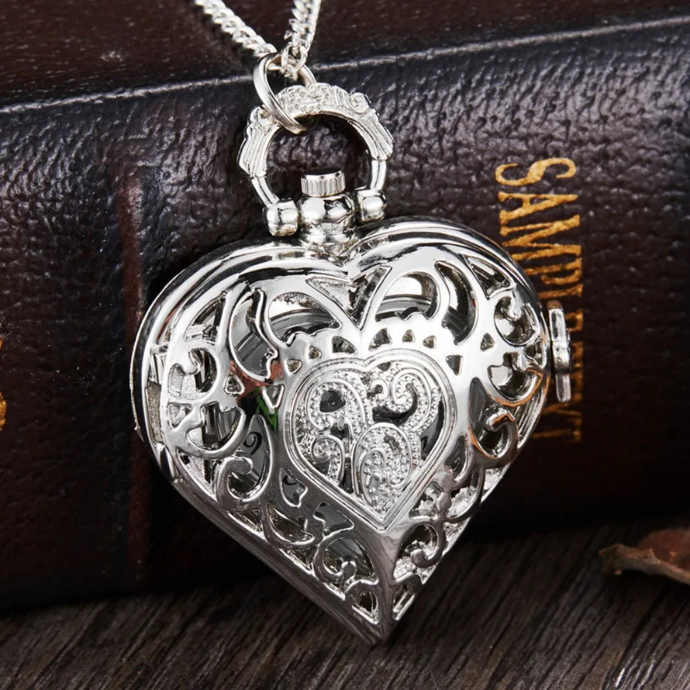 Silver Heart Pocket Watch Necklace – Exquisite Quartz Pendant for Women