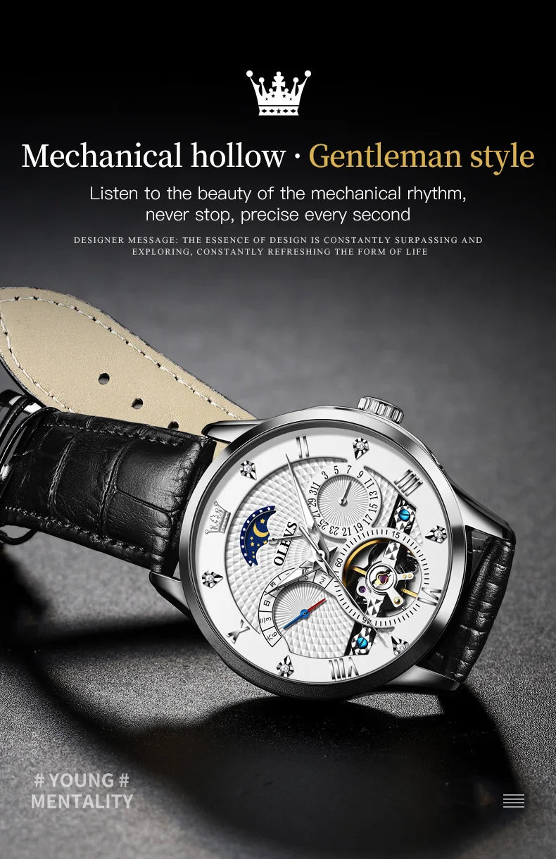 OLEVS Automatic Mechanical Watch – Leather Strap Flywheel for Business Casual