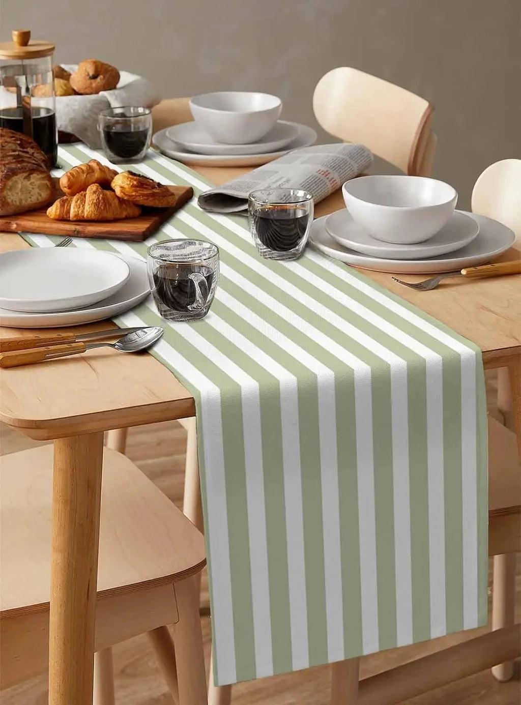 Sage Green Striped Table Runner – Minimalist Decor for Dining Room Tables