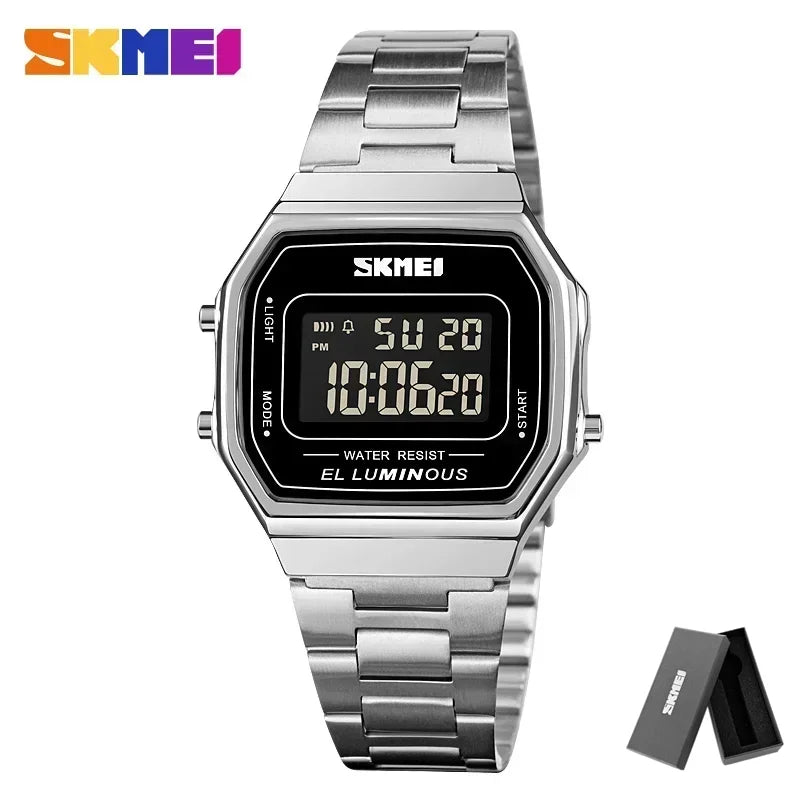 Retro LED Digital Watch – Stainless Steel Wristwatch for Men