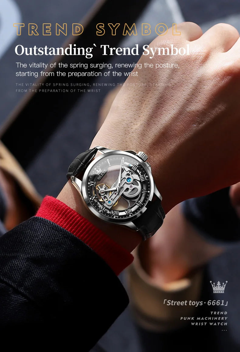 Automatic Skeleton Mechanical Watch – Leather Strap for Luxury Mens Formal Wear