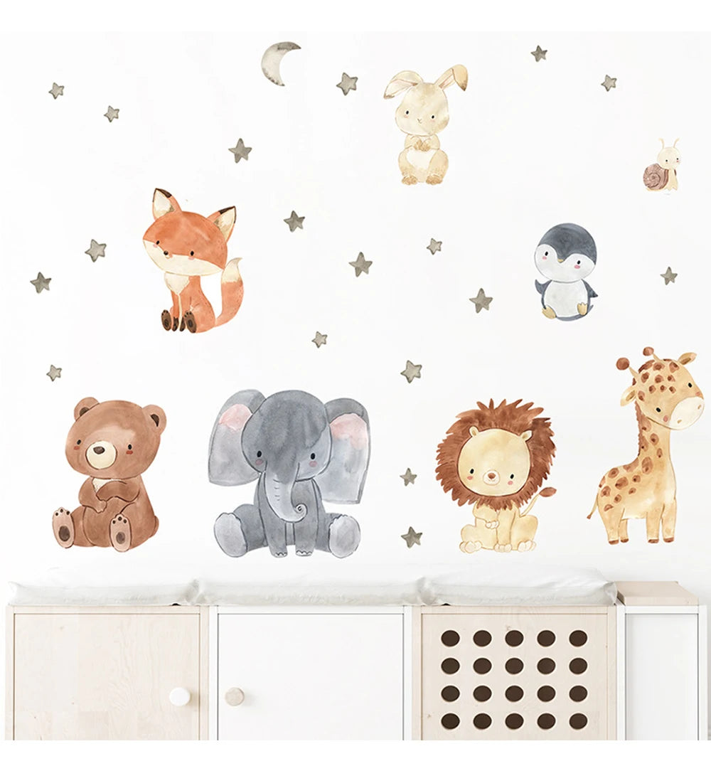 Watercolor Safari Animal Wall Decals – Cute Nursery Decor for Kids Rooms