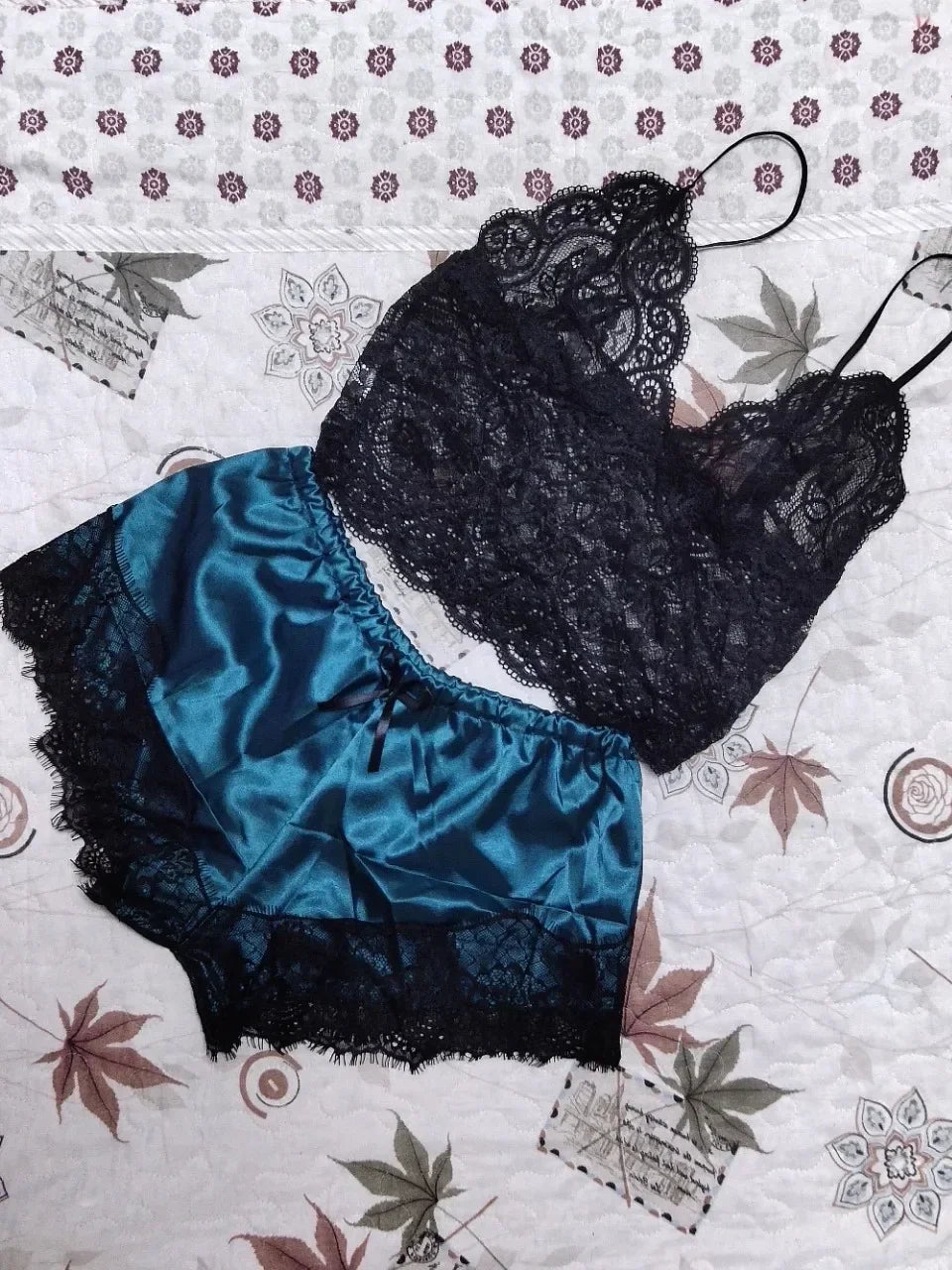 Lace Silk Pajama Set – Sexy Crop Top and Shorts for Women Sleepwear