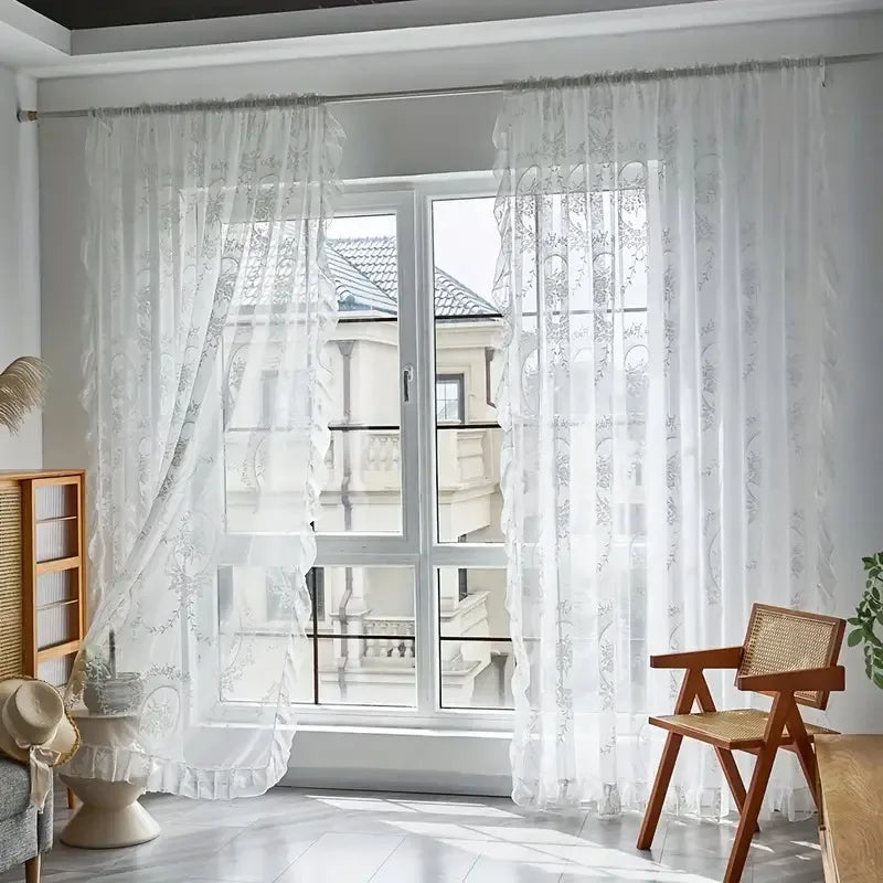 Floral Ruffled Tulle Curtain – Sheer Jacquard Lace Drapes for Living Room
