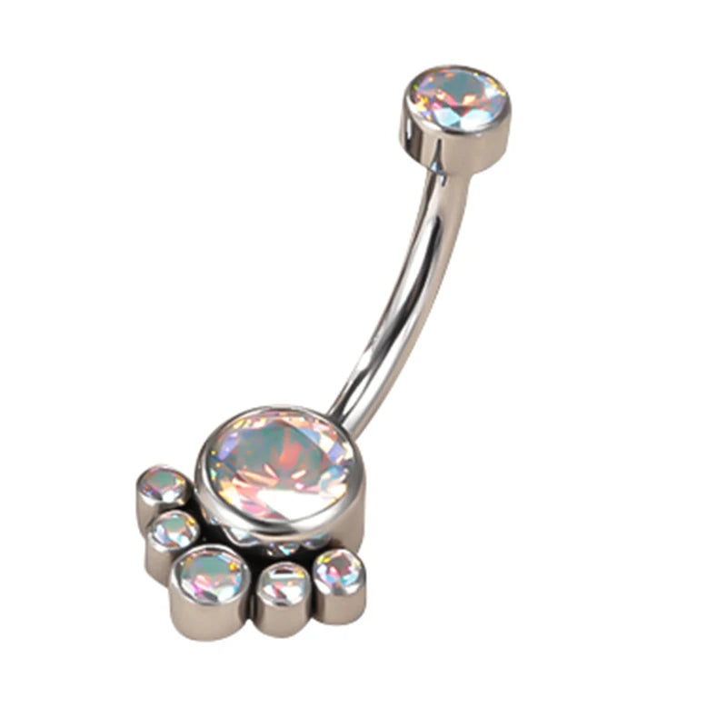 Iridescent gem belly button ring in silver with paw print design
