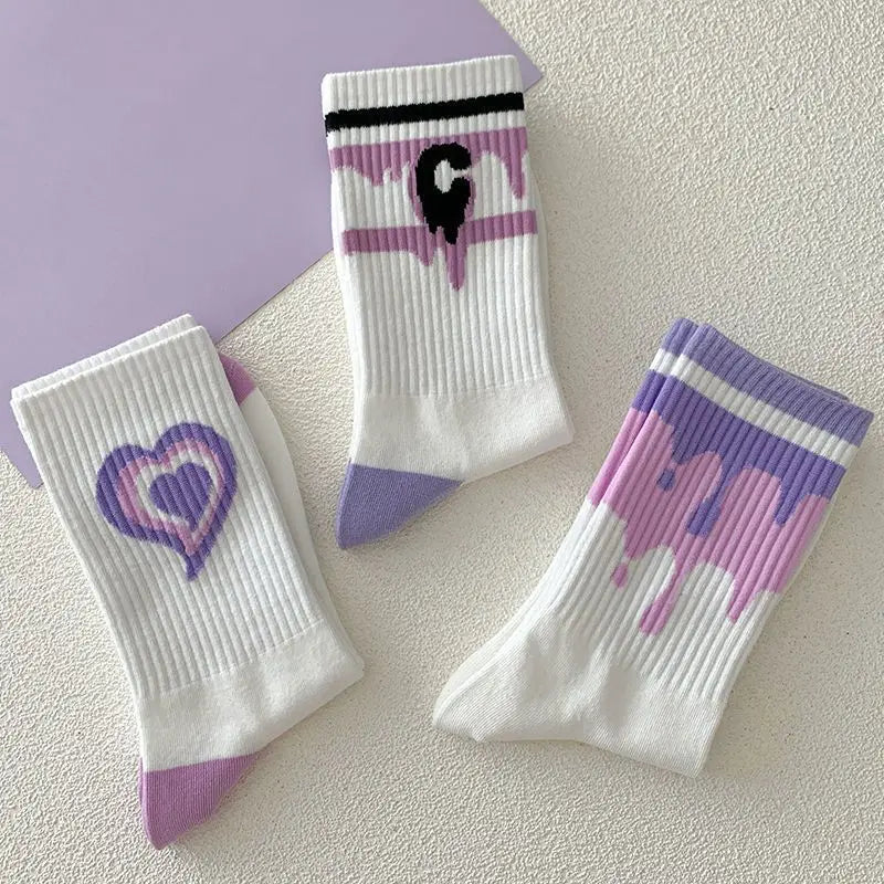 Cotton Heart Print Crew Socks – Kawaii Korean Style for Women