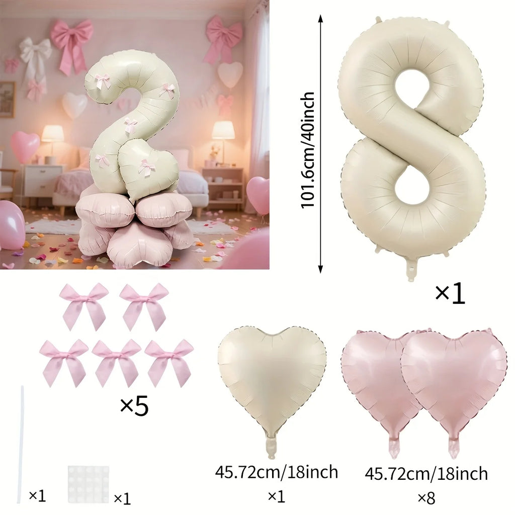 40-Inch Cream White Number Balloon Set – Heart Foil Decor for Kids Birthday