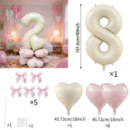 40-Inch Cream White Number Balloon Set – Heart Foil Decor for Kids Birthday