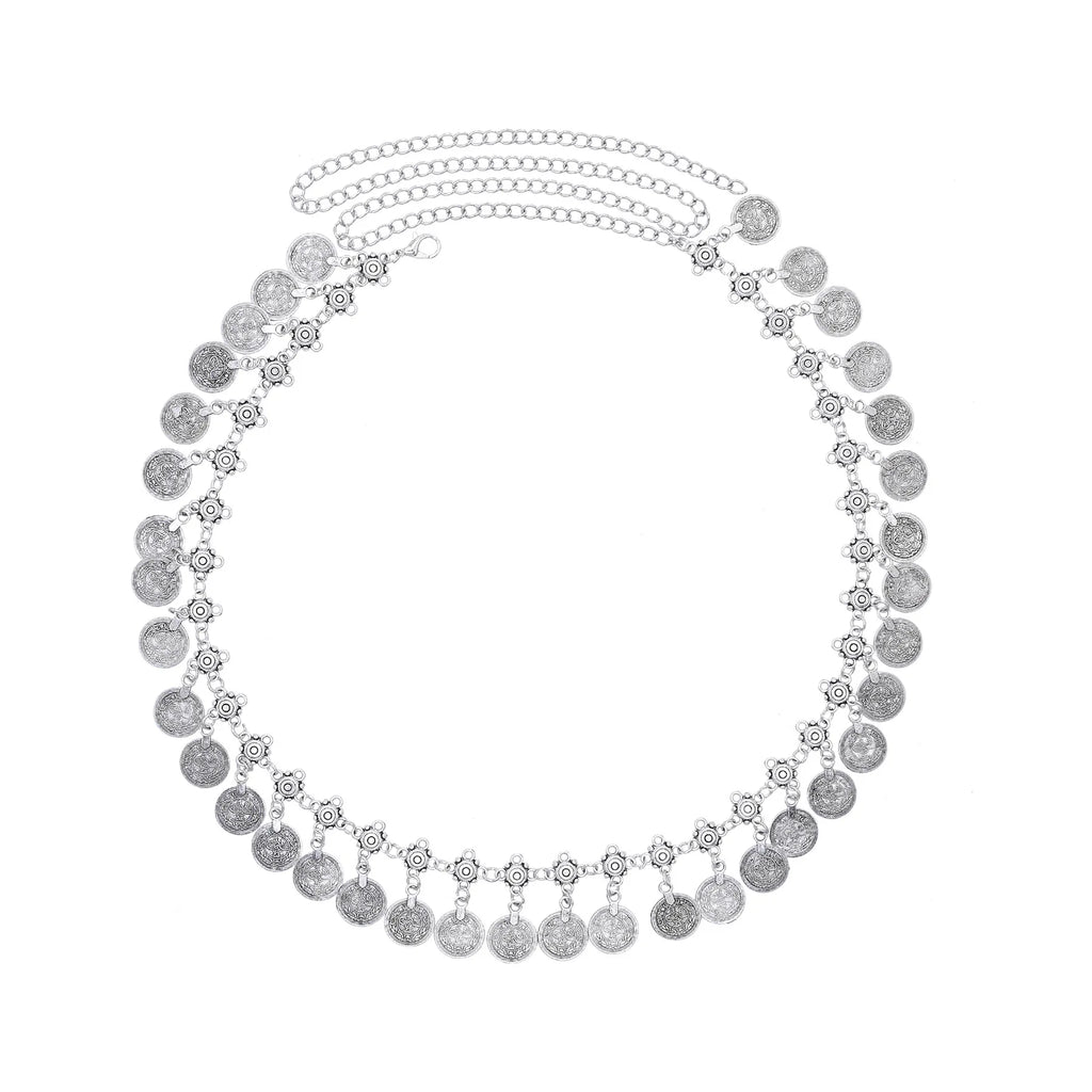 Silver coin pendant necklace with adjustable chain on white background